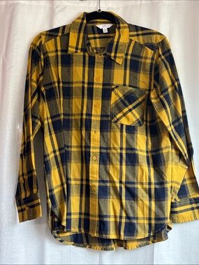 Gold & Navy Plaid  Button-Up Shirt ( Go Michigan )  casual plaid 100% cotton  Si